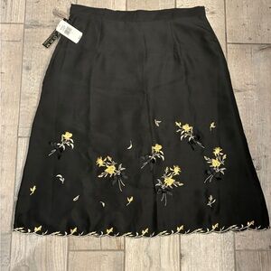 NWT Vintage Silk Midi Skirt Pale Yellow Black Bows Scalloped Hem Size 12